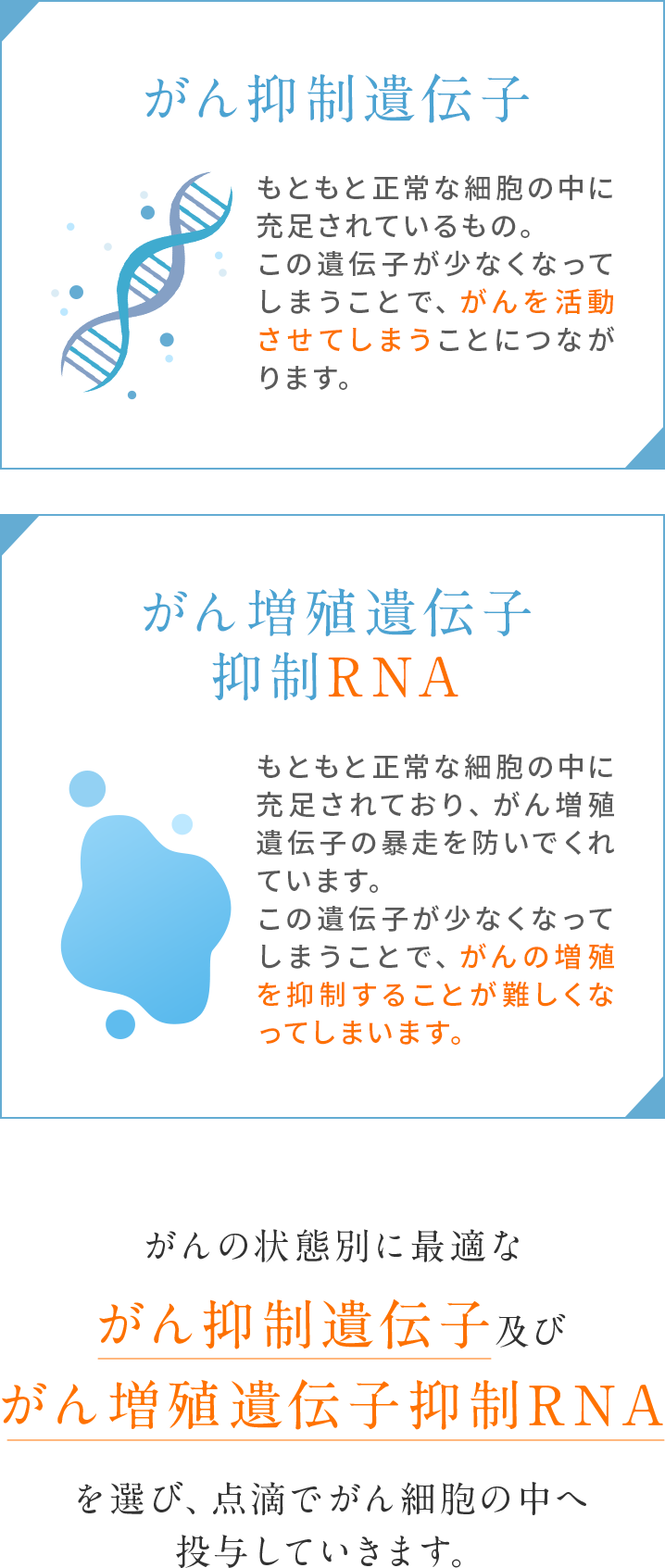 がん抑制遺伝子 がん増殖遺伝子抑制RNA がんの状態別に最適ながん抑制遺伝子及びがん増殖遺伝子抑制RNAを選び、点滴でがん細胞の中へ投与していきます。