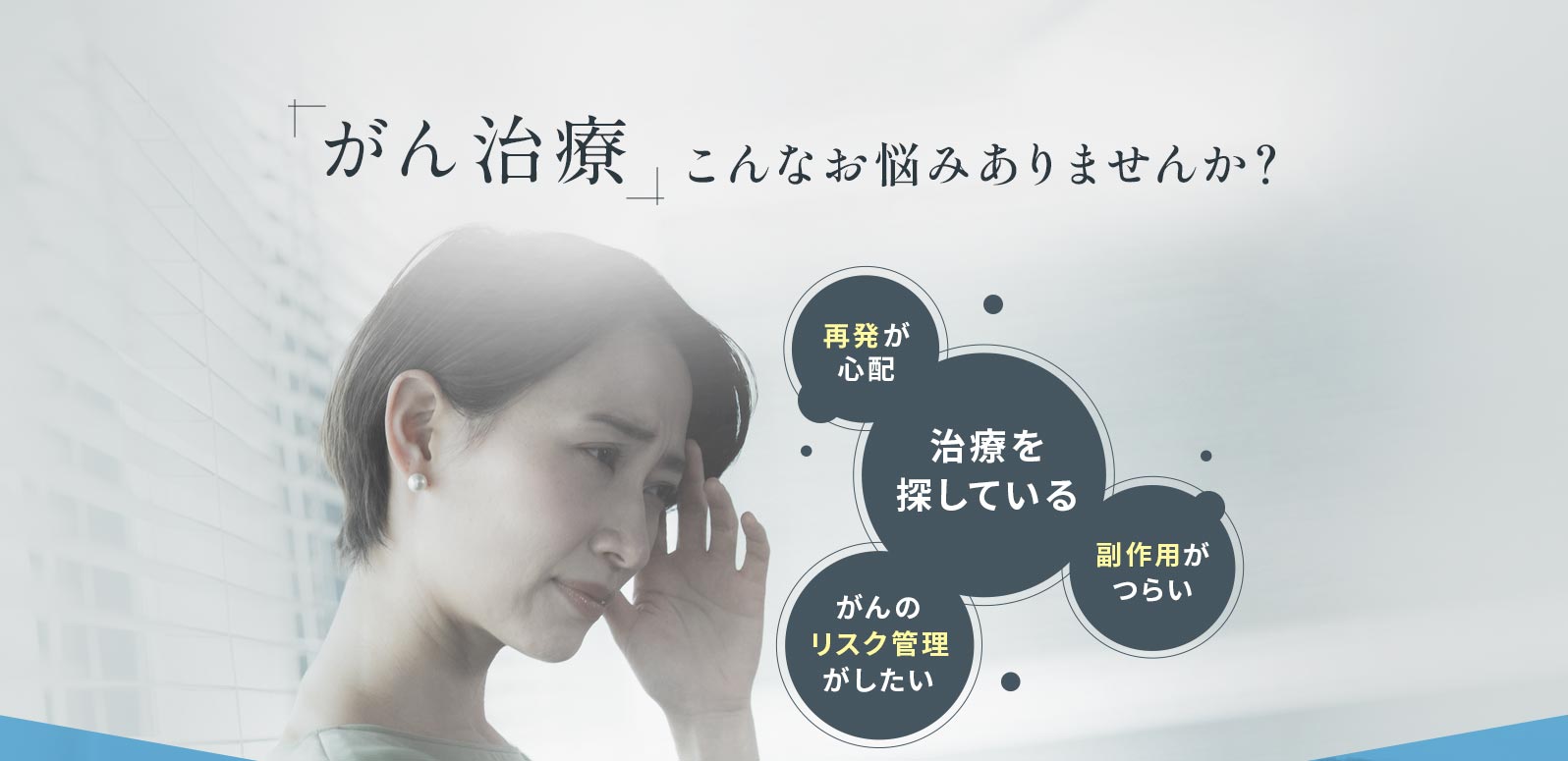 がん治療こんなお悩みありませんか？ 再発が心配 治療を探している 副作用がつらい がんのリスク管理がしたい