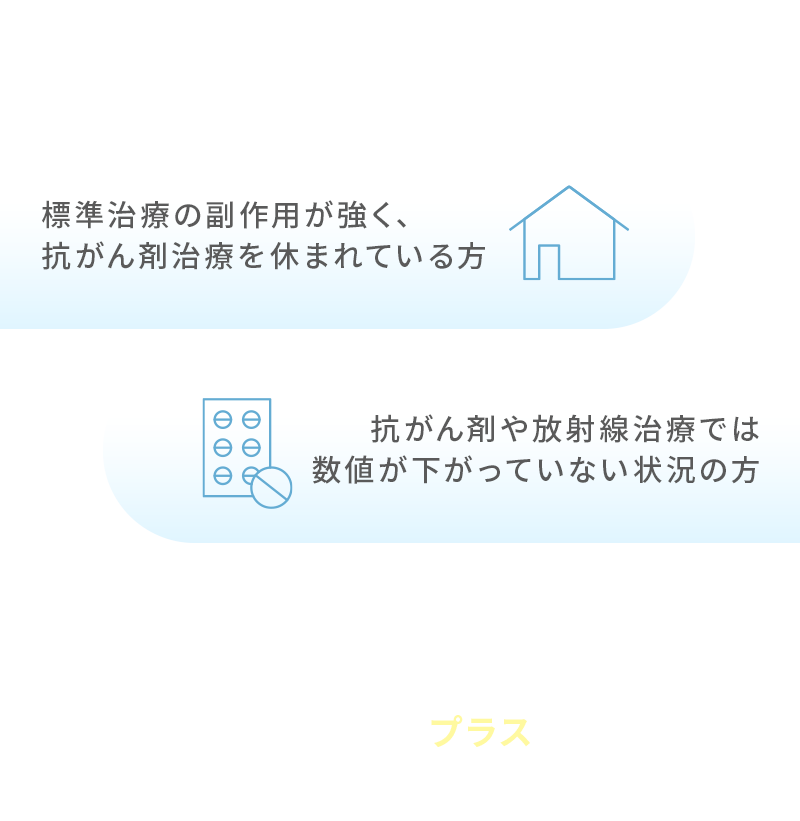 こんな方におすすめです 標準治療の副作用が強く、抗がん剤治療を休まれている方 抗がん剤や放射線治療では数値が下がっていない状況の方